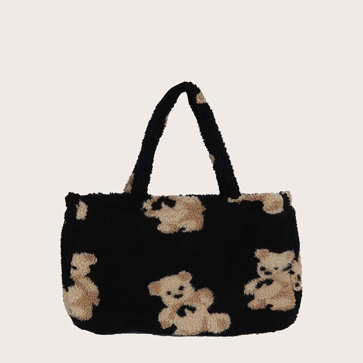 

Fluffy Bear Graphic Tote Bag, Black