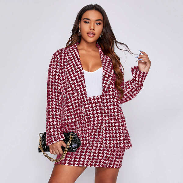 

Plus Houndstooth Shawl Collar Blazer With Shorts, Red and white