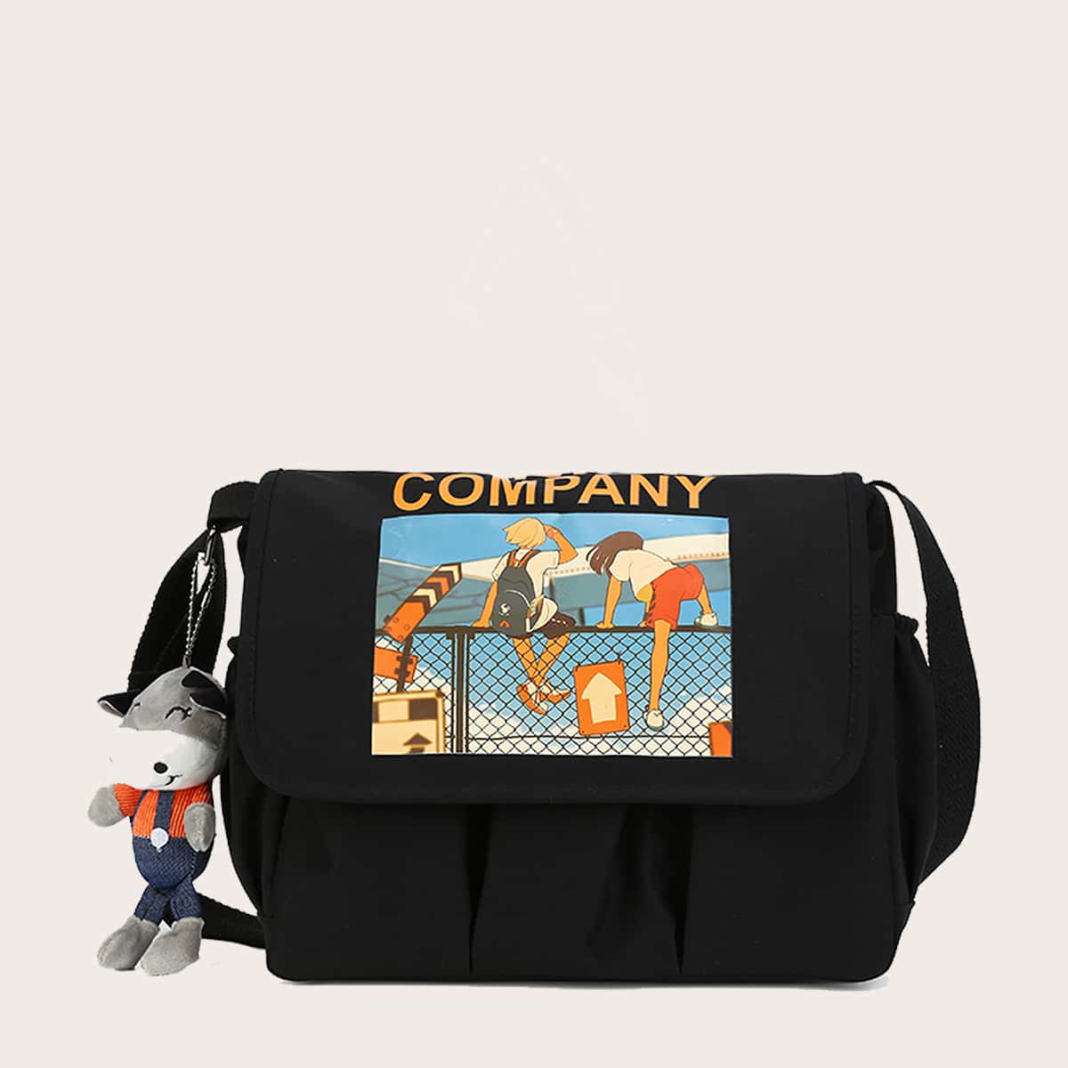 

Guys Cartoon Graphic Flap Crossbody Bag, Black