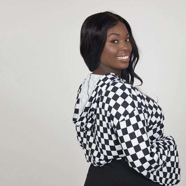 

Plus Checkerboard Drawstring Crop Hoodie, Black and white