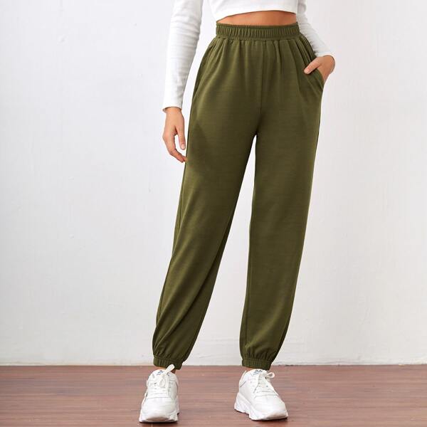 

Elastic Waist Slant Pocket Sweatpants, Army green