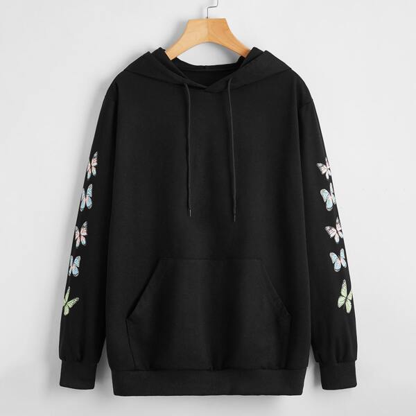 

Butterfly Print Kangaroo Pocket Drawstring Hoodie, Black