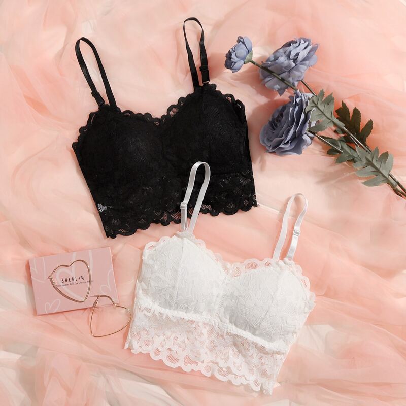 

2pack Floral Lace Longline Bralette, Black and white