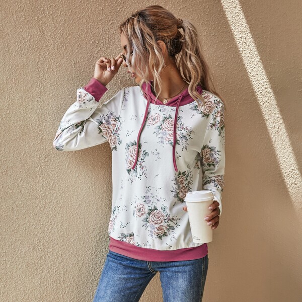

Floral Print Drawstring Hoodie, Multicolor