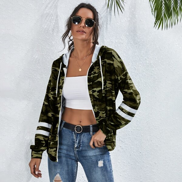 

Camo And Striped Zip Up Drawstring Hoodie, Multicolor