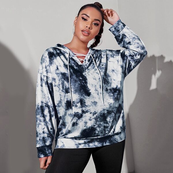 

Plus Tie Dye Lace-up Hoodie, Blue and white