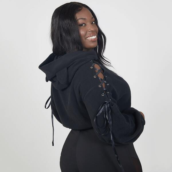

Plus Lace Up Knot 3D Ear Design Hoodie, Black