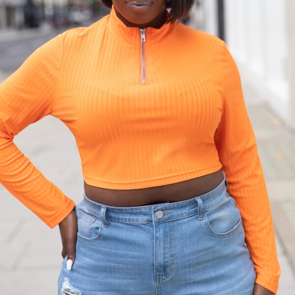 

Plus Half Zip Rib-Knit Crop Tee, Orange