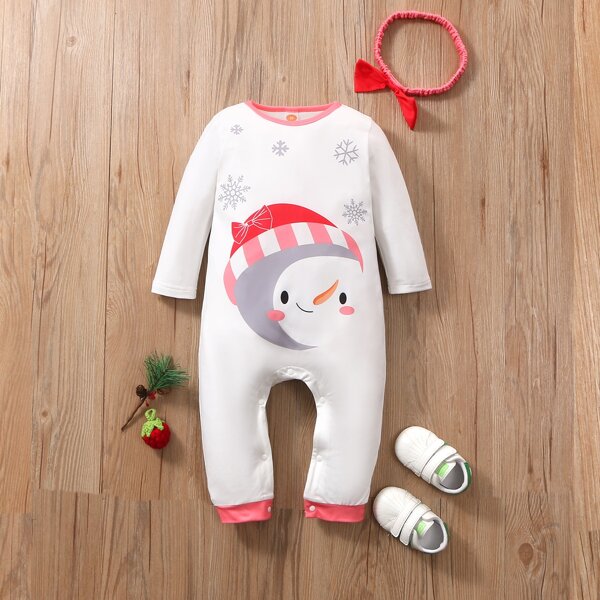 

Baby Girl Snowflake And Cartoon Graphic Jumpsuit With Headband, White