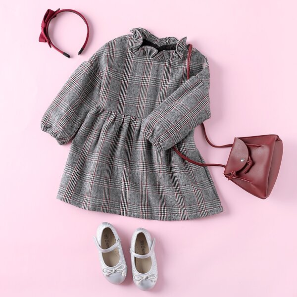 

Toddler Girls Plaid Ruffle Neck Bishop Sleeve Babydoll Dress, Grey