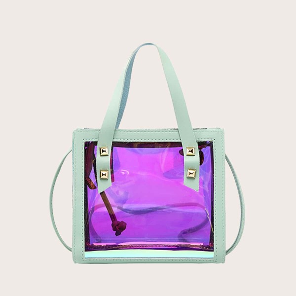

Studded Decor Holographic Satchel Bag, Multicolor