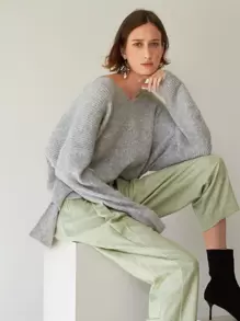 MOTF PREMIUM 寬鬆落肩羅紋針織毛衣 - 淺灰色 - 查看 1