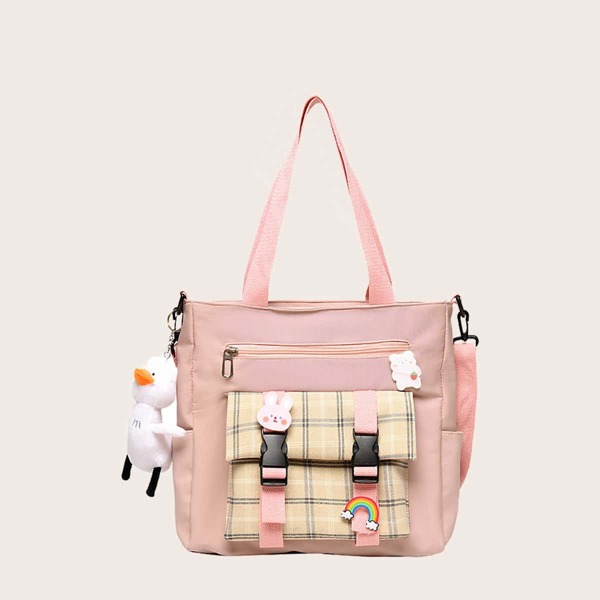 

Girls Cartoon Charm Plaid Pattern Tote Bag, Pink