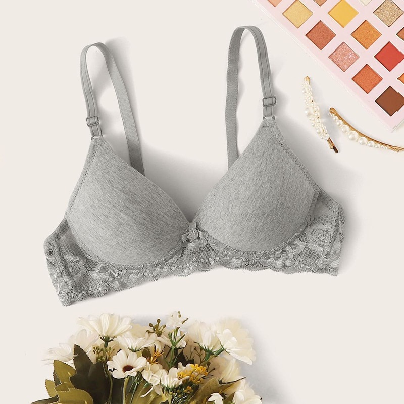 

Contrast Floral Lace Wireless Bra, Grey