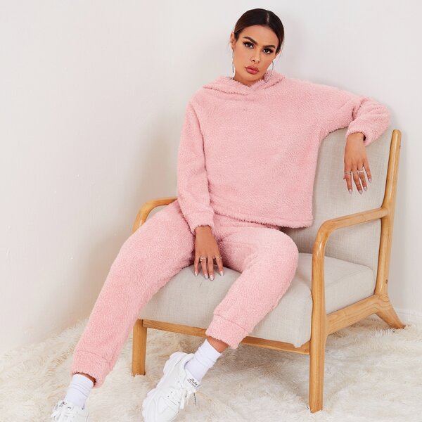 

Solid Flannel Hoodie With Pants Lounge Set, Baby pink