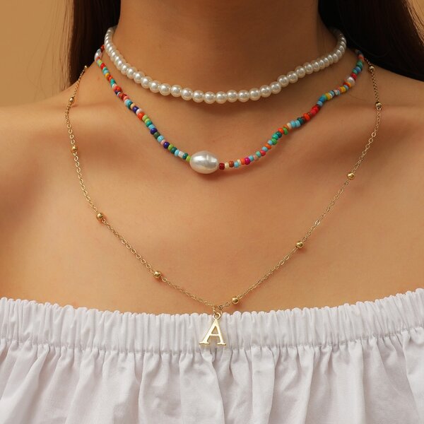 

3pcs Letter Charm Beaded Necklace, Multicolor