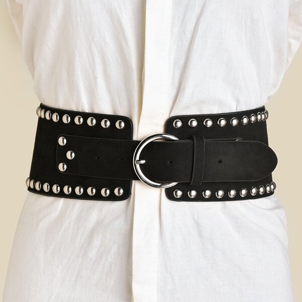 

Metal Buckle Studded Decor Belt, Black