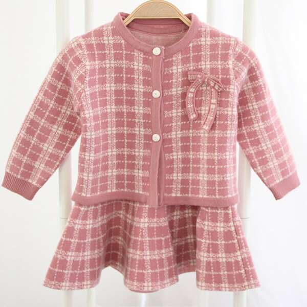 

Toddler Girls Plaid Bow Cardigan With Sweater Dress, Dusty pink