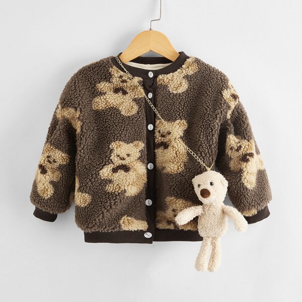 

Toddler Girls Bear Pattern Teddy Bomber Jacket With Doll, Mocha brown