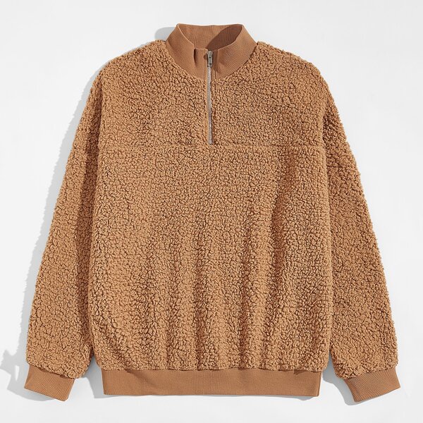 

Men Zip Half Placket Teddy Sweatshirt, Camel