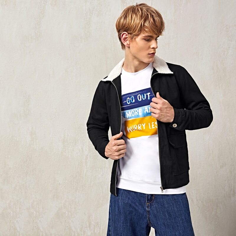 

Guys Contrast Teddy Collar Flap Pocket Jacket, Black