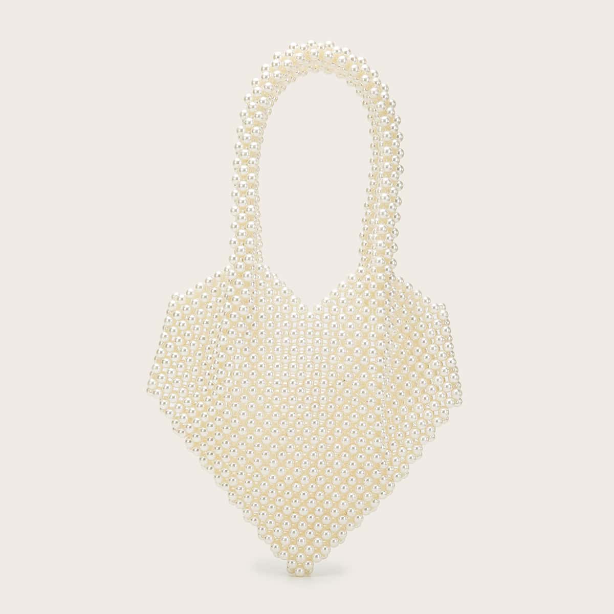 

Faux Pearl Beaded Heart Shaped Shoulder Bag, Beige