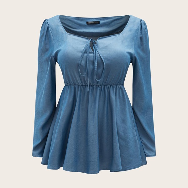 

Plus Sweetheart Neck Tie Front Peplum Denim Top, Medium wash