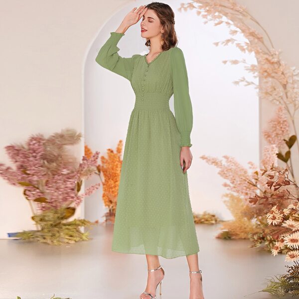 

Swiss Dot Button Front Shirred Waist Dress, Lime green
