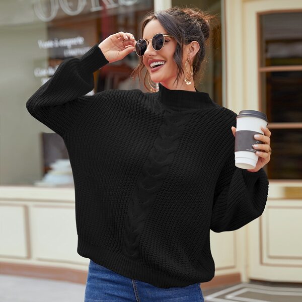 

Cable Knit Stand Collar Oversized Sweater, Black