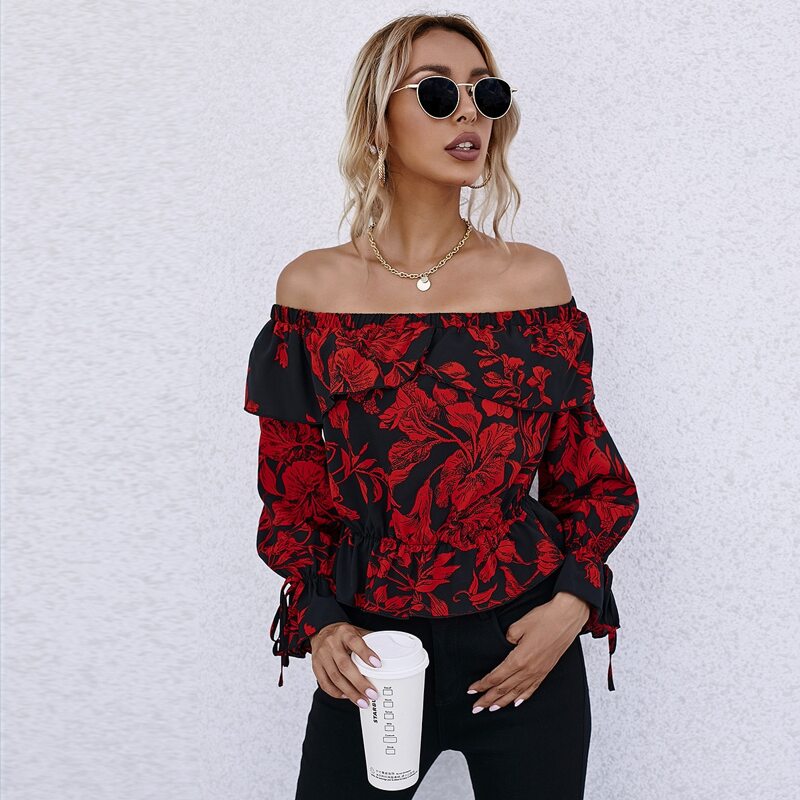 

Floral Bardot Ruffle Trim Blouse, Multicolor