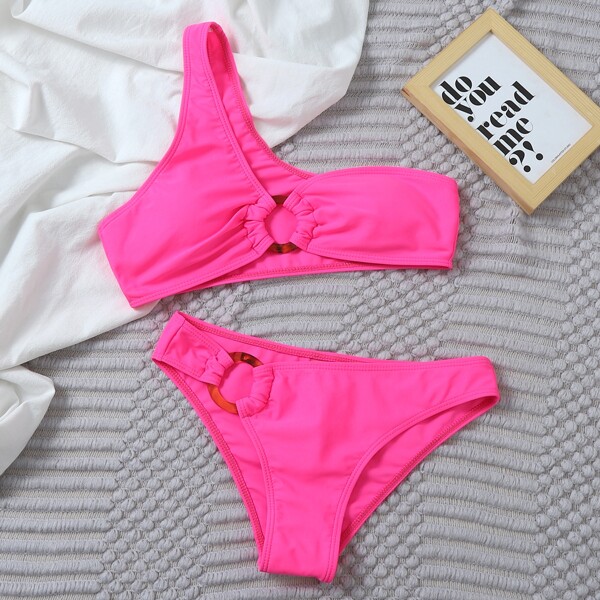 

Ring Linked One Shoulder Bikini Swimsuit, Hot pink bright