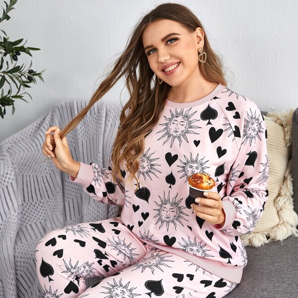 

Plus All Over Print Pants PJ Set, Baby pink