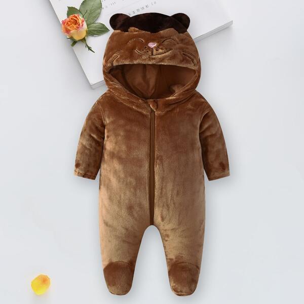 

Baby Boy Cartoon 3D Ear Design Flannel Footed Jumpsuit, Brown