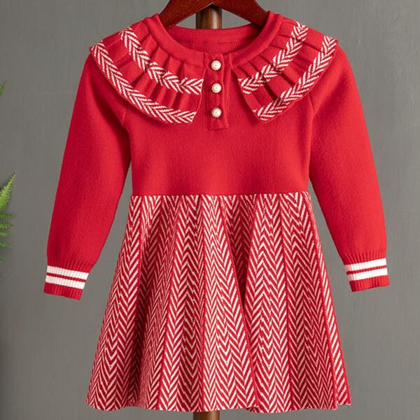 

Toddler Girls Chevron Pattern Pleated Collar Sweater Dress, Red