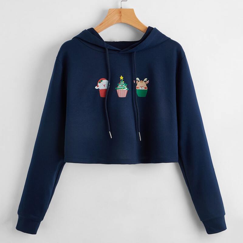 

Christmas Santa Claus Pattern Drawstring Hoodie, Navy blue