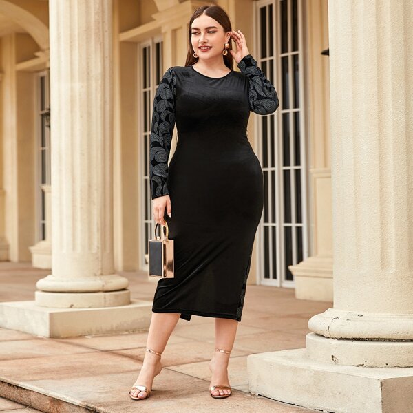 

Plus Glitter Graphic Split Back Velvet Dress, Black