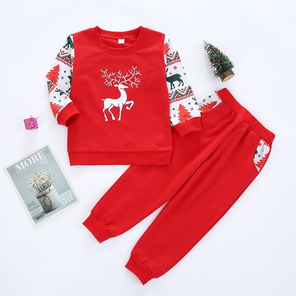 

Toddler Girls Deer Print Sweatshirt & Colorblock Sweatpants, Red