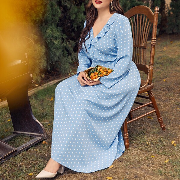 

Plus Polka Dot Ruffle Trim A-line Dress, Baby blue