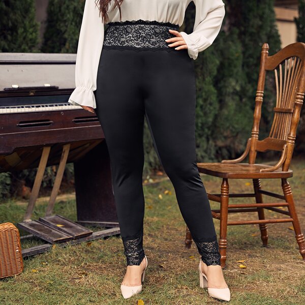

Plus Lace-Waist Leggings, Black
