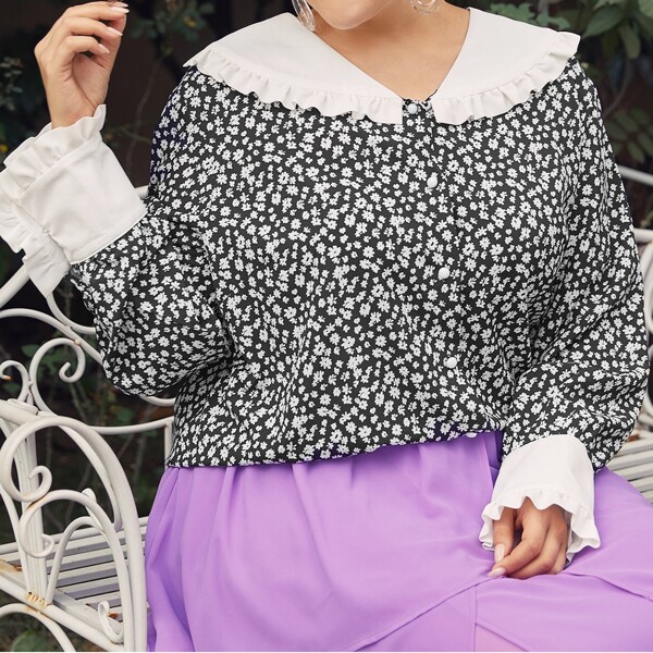 

Plus Ditsy Floral Peter Pan Collar Blouse, Black and white