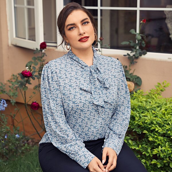 

Plus Ditsy Floral Tie Neck Blouse, Blue and white