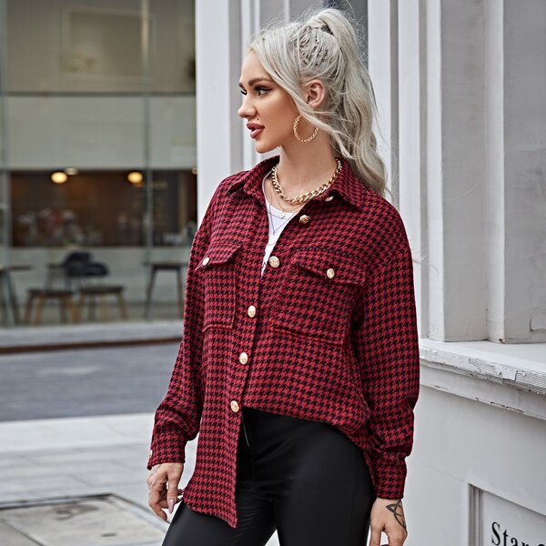 

Single Breasted Flap Pocket Houndstooth Coat, Multicolor