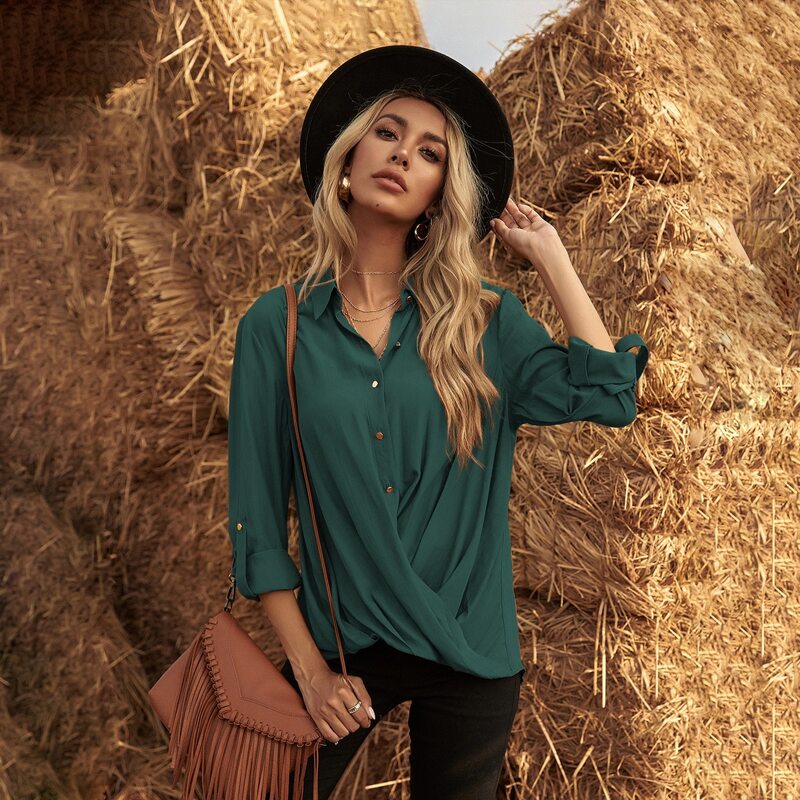 

Crossover Roll Up Sleeve Blouse, Green