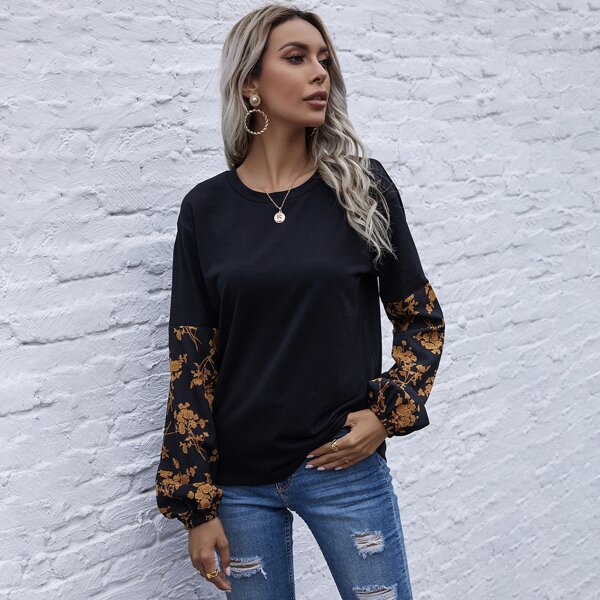 

Floral Print Drop Shoulder Tee, Black