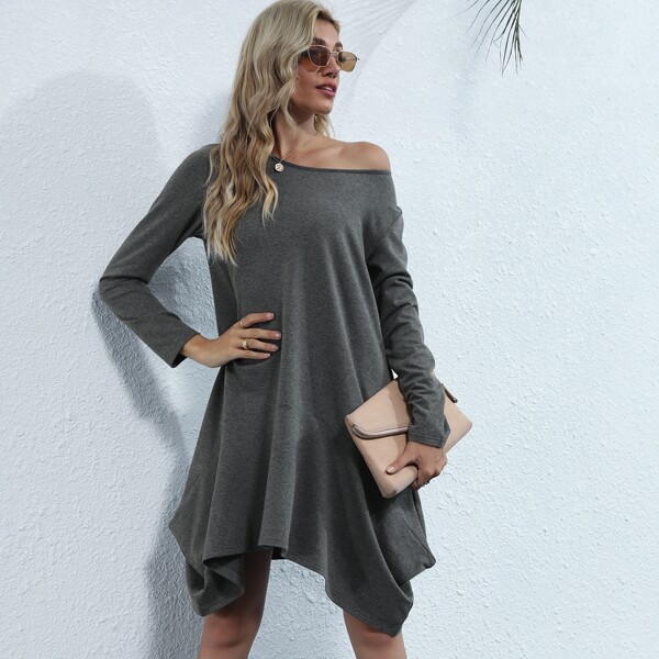 

Solid Hanky Hem Tee Dress, Dark grey