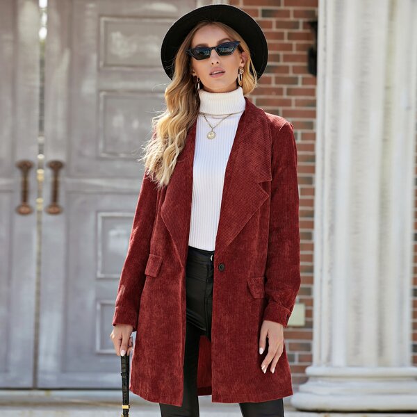 

Solid Lapel Neck Single Button Corduroy Coat, Burgundy