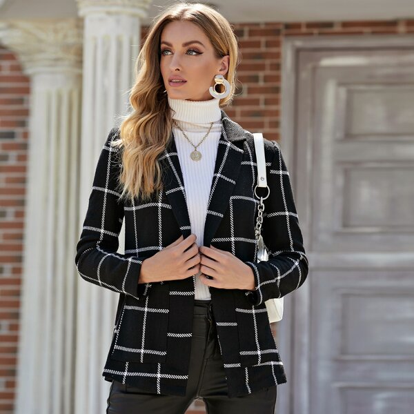 

Plaid Single Button Dual Pocket Blazer, Black