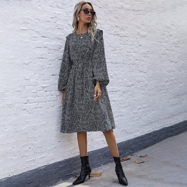 

Dalmatian Print Bishop Sleeve Midi Dress, Black