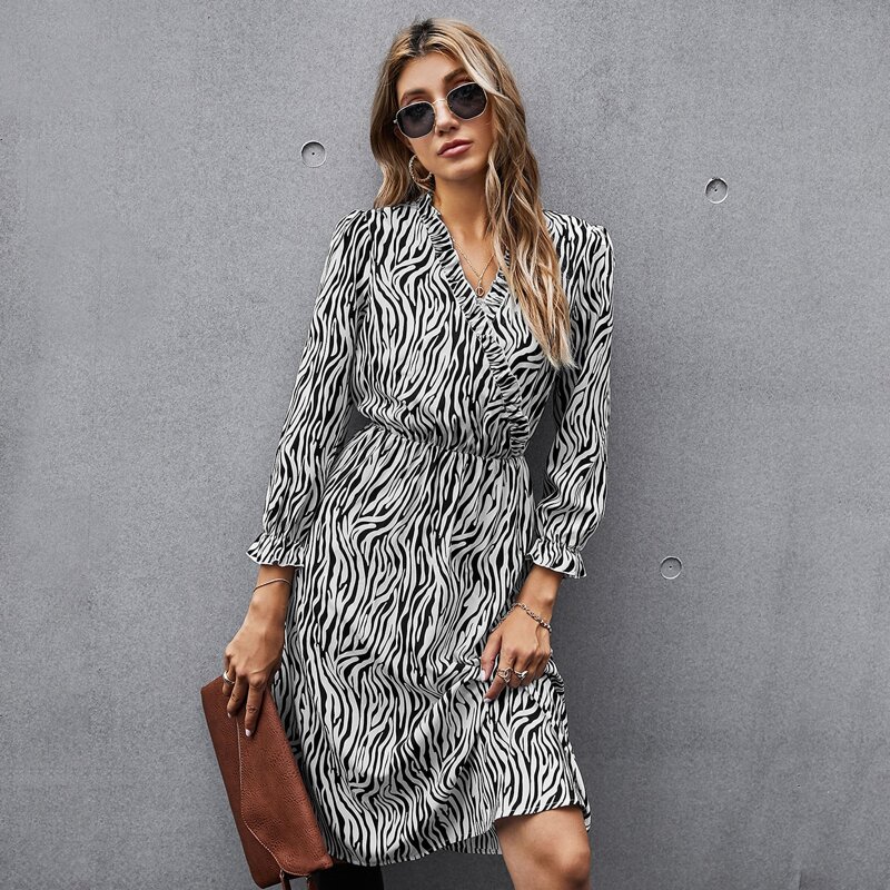 

Zebra Stripe Frill Trim Dress, Black and white