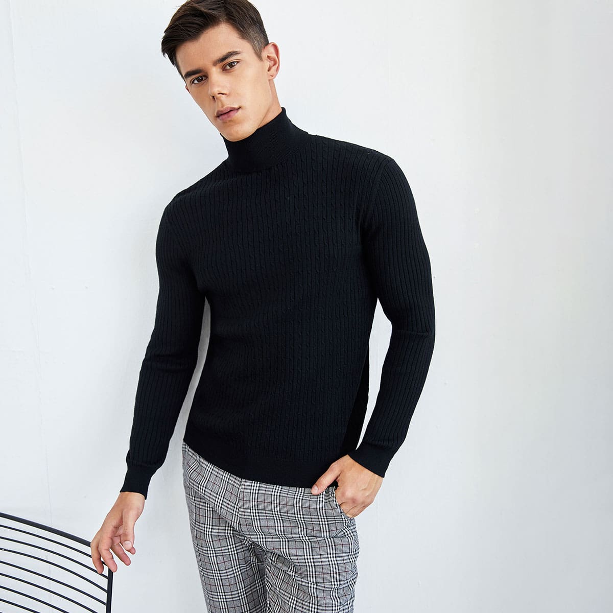 

Guys High Neck Textured Knit Sweater, Black